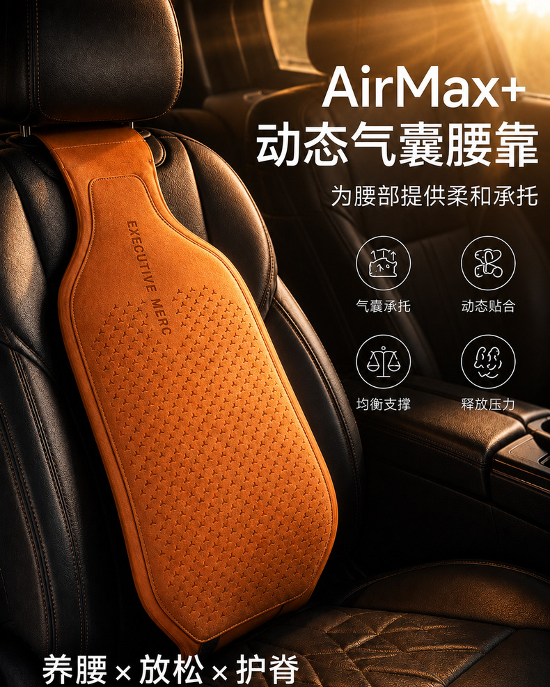 Car lumbar support, a must-have for drivers, featuring an airbag backrest, a waist support cushion, and a massage pad for the driver's seat