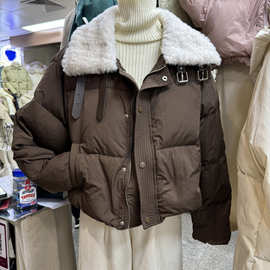 韩国2023冬季新款韩版宽松拼羊羔毛翻领通勤百搭羽绒服外套