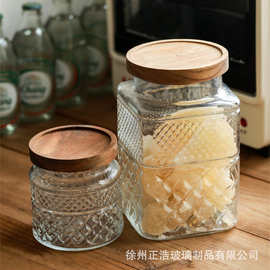 日式复古雕花玻璃储物罐厨房收纳杂粮糖果分类木盖玻璃瓶咖啡豆