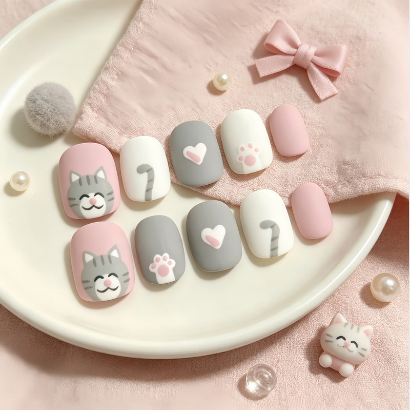 Cute cartoon kitten heart hand-painted frosted short square-round handmade nail tips wholesale