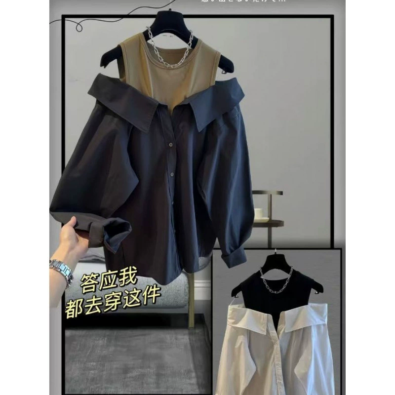 Весенний и осенний новый большой размер толстый мм с открытыми плечами модная тенденция женская свободная рубашка с длинными рукавами