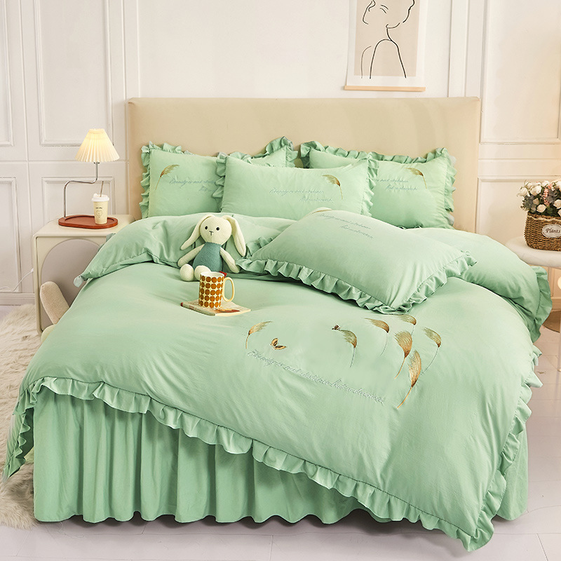 新款ins风水洗棉刺绣四件套2.0米纯色绣花床裙款四件套直播货源|ms