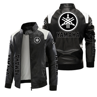 [European code fleece-lined] European and American Yamaha locomotive standard leather jacket plus size printed autumn and winter jacket pu high-end men's clip