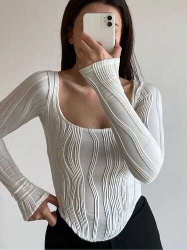 Autumn New French-Style Design Pleated U-Neck Simple Solid Color Slim Fit Long-Sleeve Top for Women