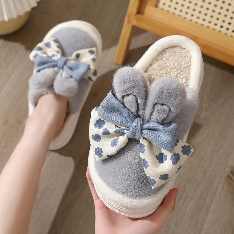 Autumn and winter bow cotton slippers female thermal indoor cute casual home cotton shoes girl plush slippers wholesale