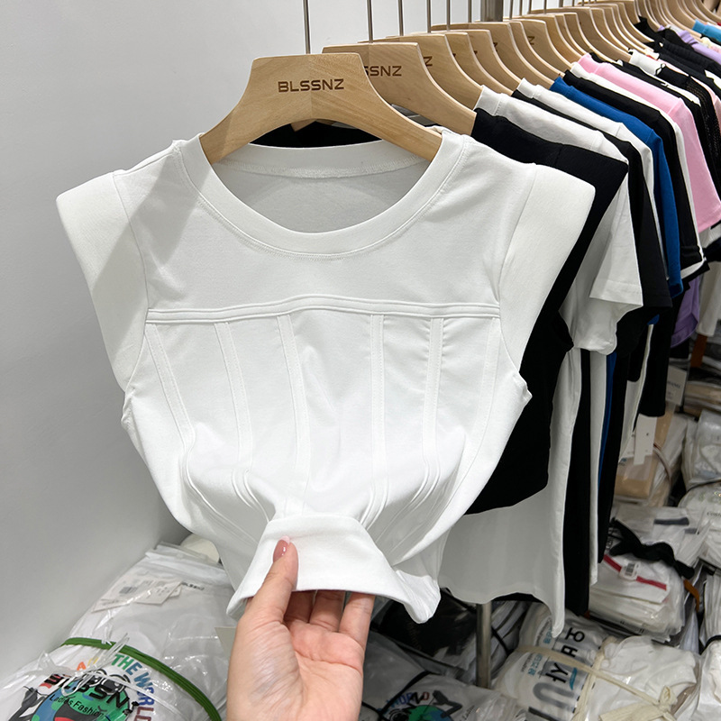 White shoulder short-sleeved T-shirt for women ins trendy summer unique chic Fishbone shoulder pad short sleeveless top vest for women White shoulder short-sleeved T-shirt for women ins trendy summer unique chic Fishbone shoulder pad short sleeveless top vest for women