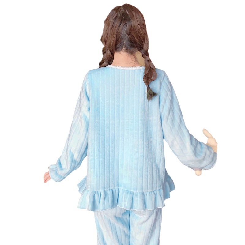 Simple azul nuevo pijamas de las mujeres de otoño e invierno cálido dulce hogar desgaste más tamaño engrosado forro de lana azul terciopelo coral terciopelo traje