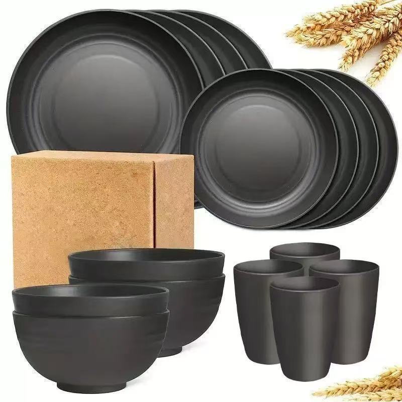 Wheat Straw Bowl and Plate Set, High-End Black Vertical Stripe Household Dinner Plate, Bone Dish, Soup Bowl, Drinking Cup, 16-Piece Set Wheat Straw Bowl and Plate Set, High-End Black Vertical Stripe Household Dinner Plate, Bone Dish, Soup Bowl, Drinking Cup, 16-Piece Set