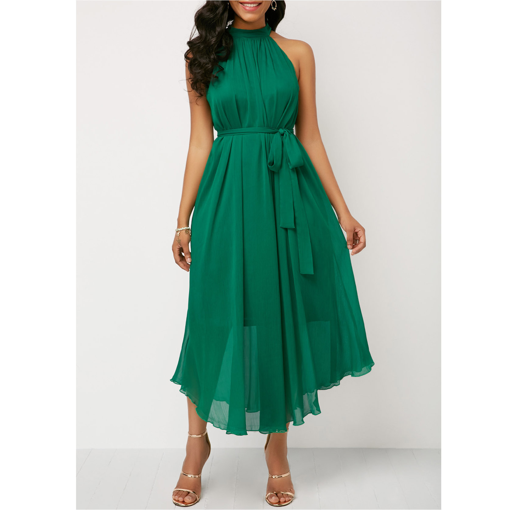 European and American spring and summer halterneck off-shoulder chiffon pleated dress plus size brand women's clothing cross-border supply_senzul.com