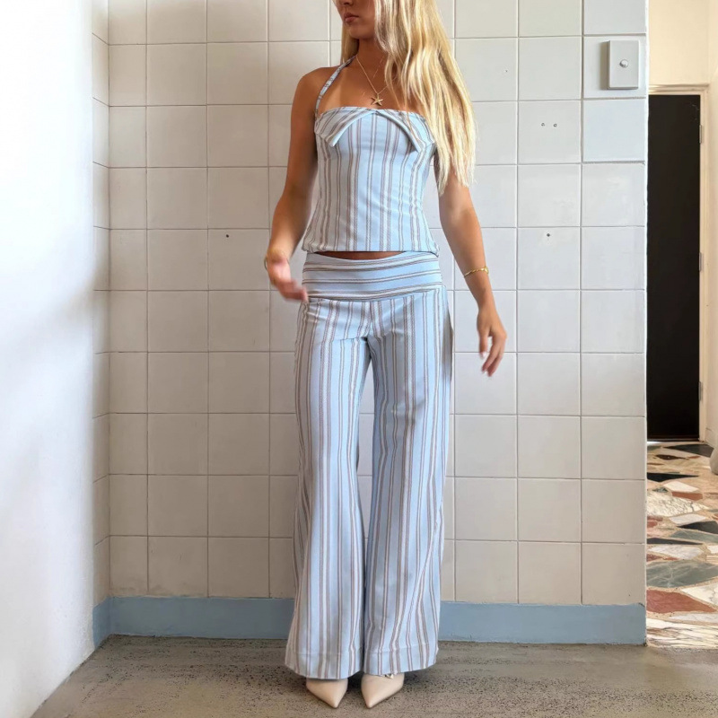 Women's Halter Neck Striped Lounge Set With Tie-Waist Top And Wide-Leg Pants | Soft Summer Loungewear_ecoleips.com