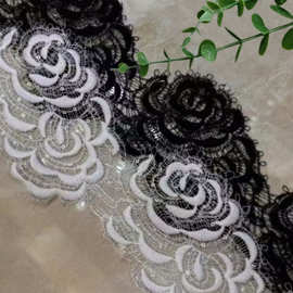 新品黑白玫瑰花鱼丝线服装配饰diy手工布贴水溶刺绣蕾丝花边条