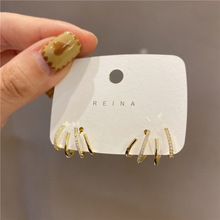 韩国东大门微镶锆石多层竖条几何形耳环S925银针淑女气质耳环百搭