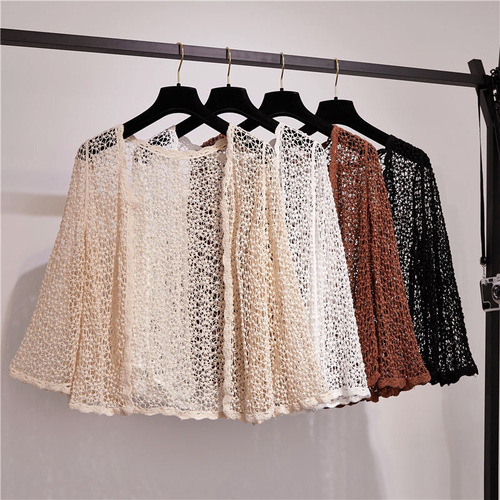 Lace air-conditioned coat, openwork sun-protective cardigan, women's summer pairing with camisole dress, long-sleeved shawl, small bolo tie, thin