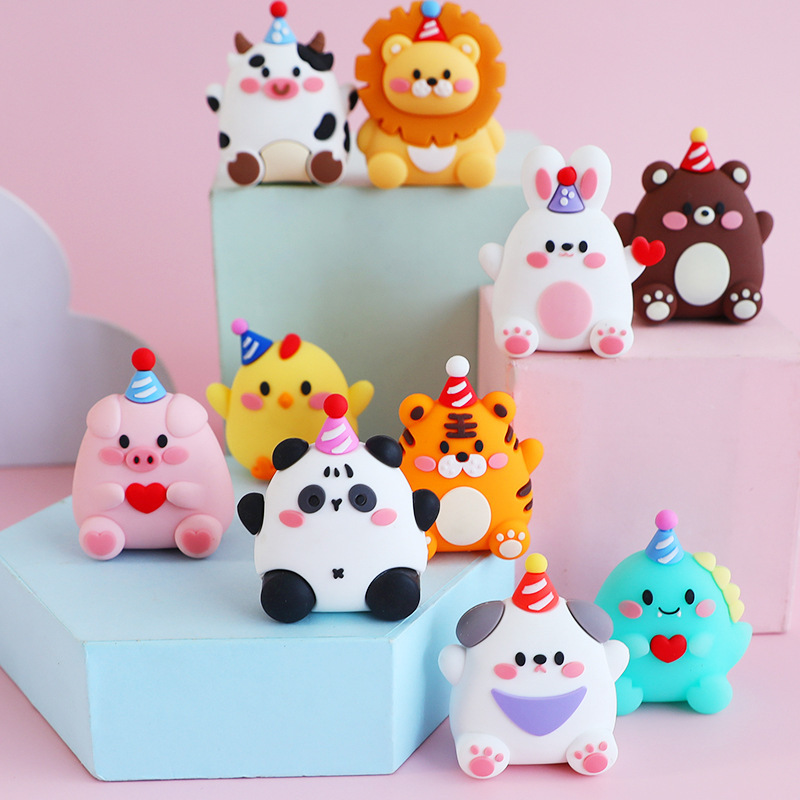 만화 생일 모자 작은 동물 부드러운 고무 데스크탑 장식품 팬더 작은 토끼 작은 곰 홈 자동차 장식 인형 장식품