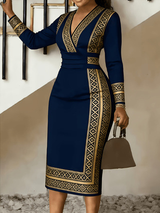 New Women's Elegant V Neck Long Sleeve Dress Style Digital Print_ecoleips.com