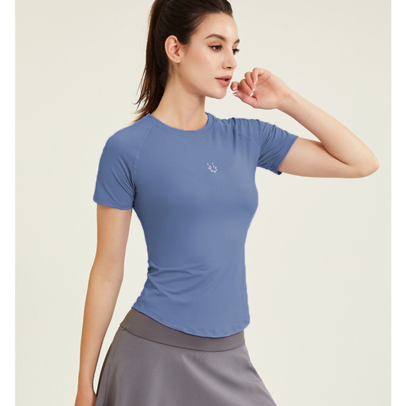 Ropa de ejercicios desnuda para mujeres delgada helada de cuello redondo con mangas de hombro para correr camiseta deportiva delgada ropa de yoga roja en línea