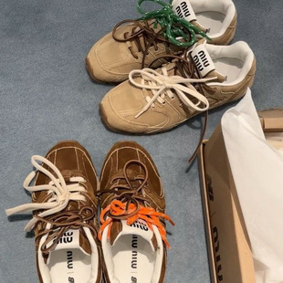 High-End Version of Pure Original Miu Miu Nb530 Moral Training Shoes New Beige Round-Toe Lace-Up Retro Catwalk Style Forrest Gump Shoes for Women