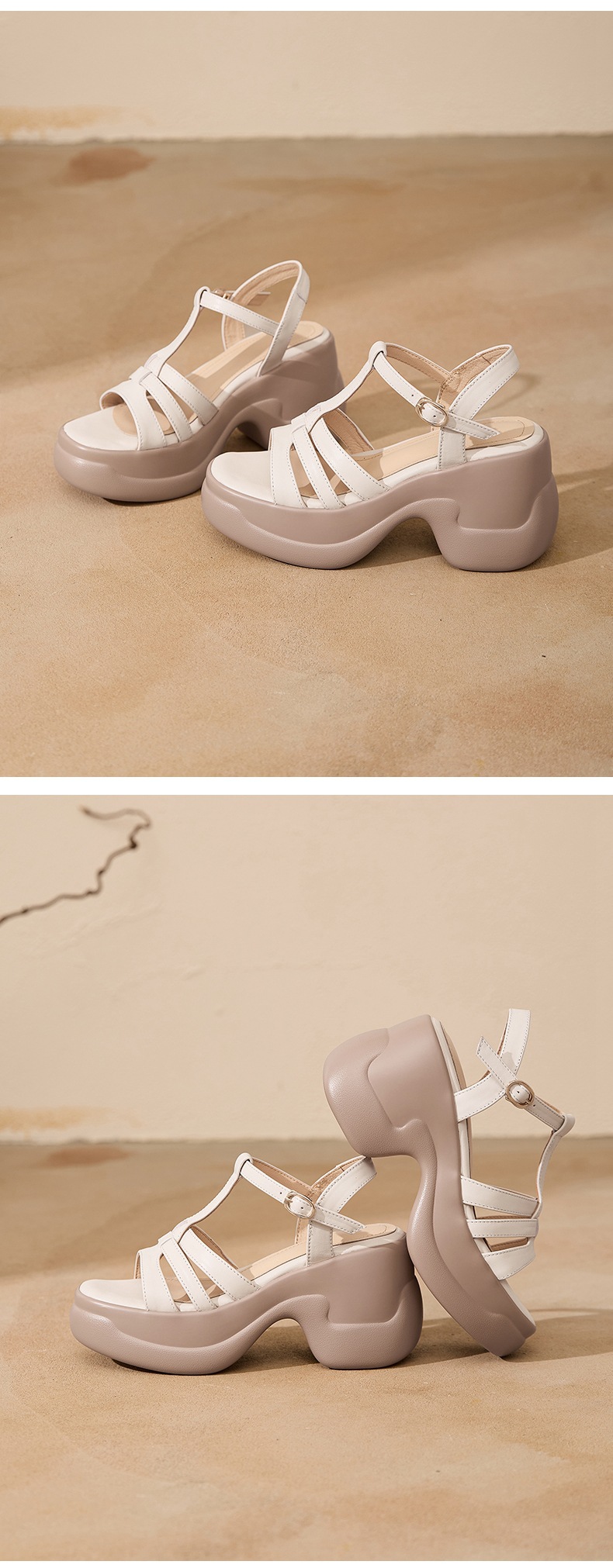 Sandal nữ hở mũi da bò thật gót xuồng đế dày quai chữ T — màu trắng ngà chi tiết 10