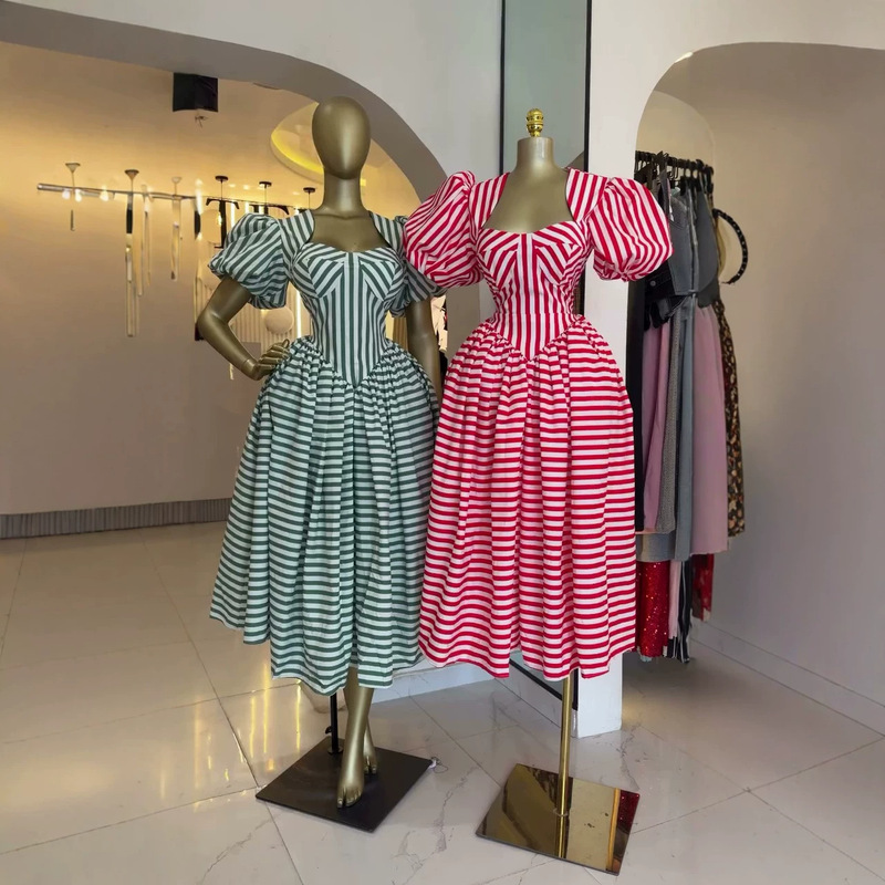 European and American cross-border women's fashion 2026 summer new elegant square-neck puff-sleeve high-waisted mid-length dress European and American cross-border women's fashion 2026 summer new elegant square-neck puff-sleeve high-waisted mid-length dress