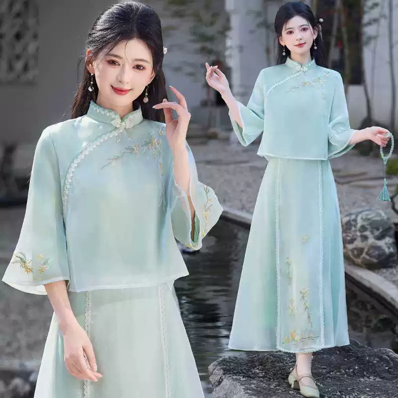 Настоящая фотография нового китайского стиля в стиле ретро, ​​тяжелый воротник-стойка, пуговицы, косые лацканы, кружевной топ с вышивкой, улучшенный юбочный костюм