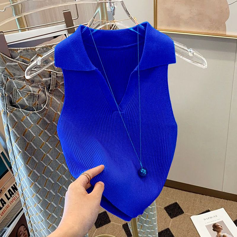 Summer Thin Niche Style Polo Collar Sleeveless Knit Vest for Women, Versatile Slim-Fit Short Base Sweater
