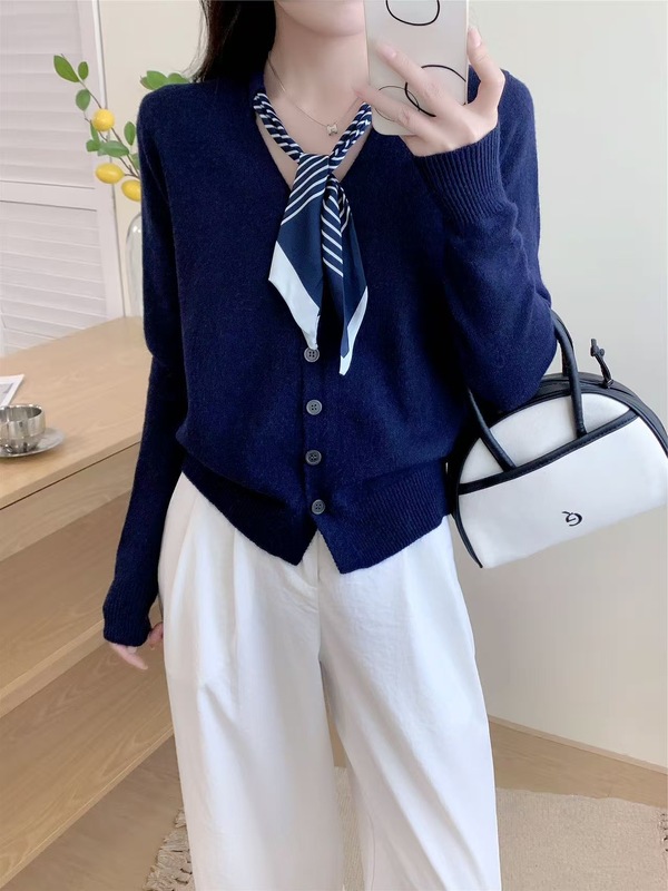 2025秋季新款针织毛衫女士V领丝巾针织开衫宽松显瘦长袖衬衣上衣|undefined