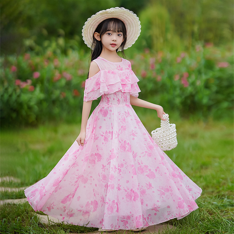 Girl's Summer Dress dress 2025 New Style Big Children's Dress Children's Summer Little Girl's Floral Chiffon Long Dress