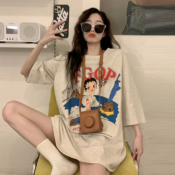 Retro cotton brand summer T-shirt with a round collar