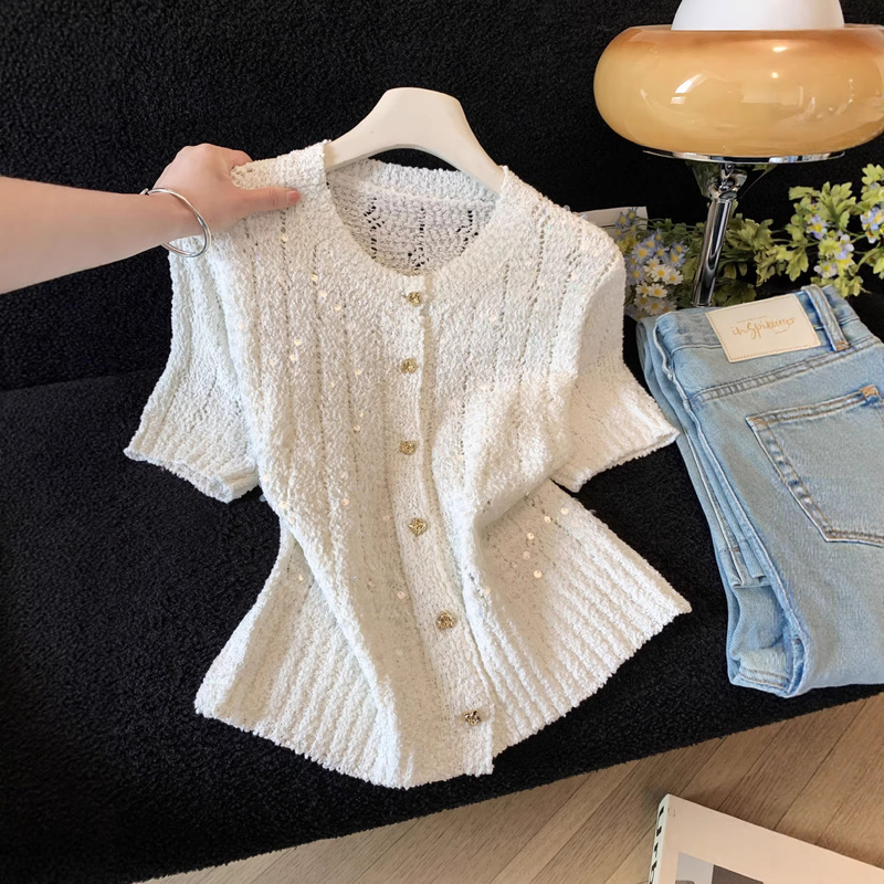 Real Shot~ French-Style High-End Sparkling Sequin Top for Women 2026, Thin Luxury Hollow-Out Ice Silk Knit Cardigan Real Shot~ French-Style High-End Sparkling Sequin Top for Women 2026, Thin Luxury Hollow-Out Ice Silk Knit Cardigan