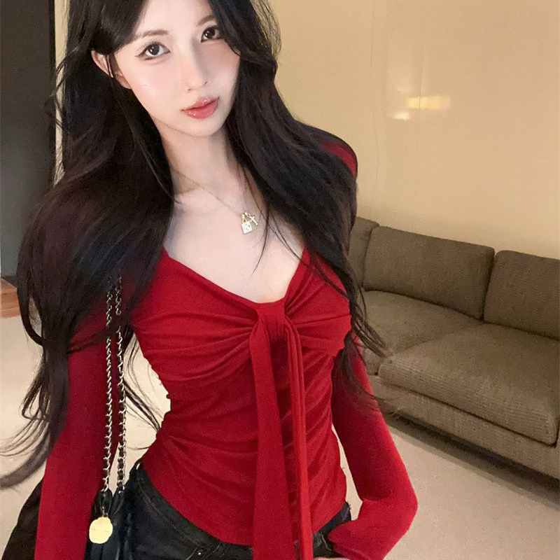 2026 Fall/Winter New Sweet and Spicy Style Lace-Up Bow Long-Sleeve T-Shirt for Women, Slim-Fit Design Top 2026 Fall/Winter New Sweet and Spicy Style Lace-Up Bow Long-Sleeve T-Shirt for Women, Slim-Fit Design Top
