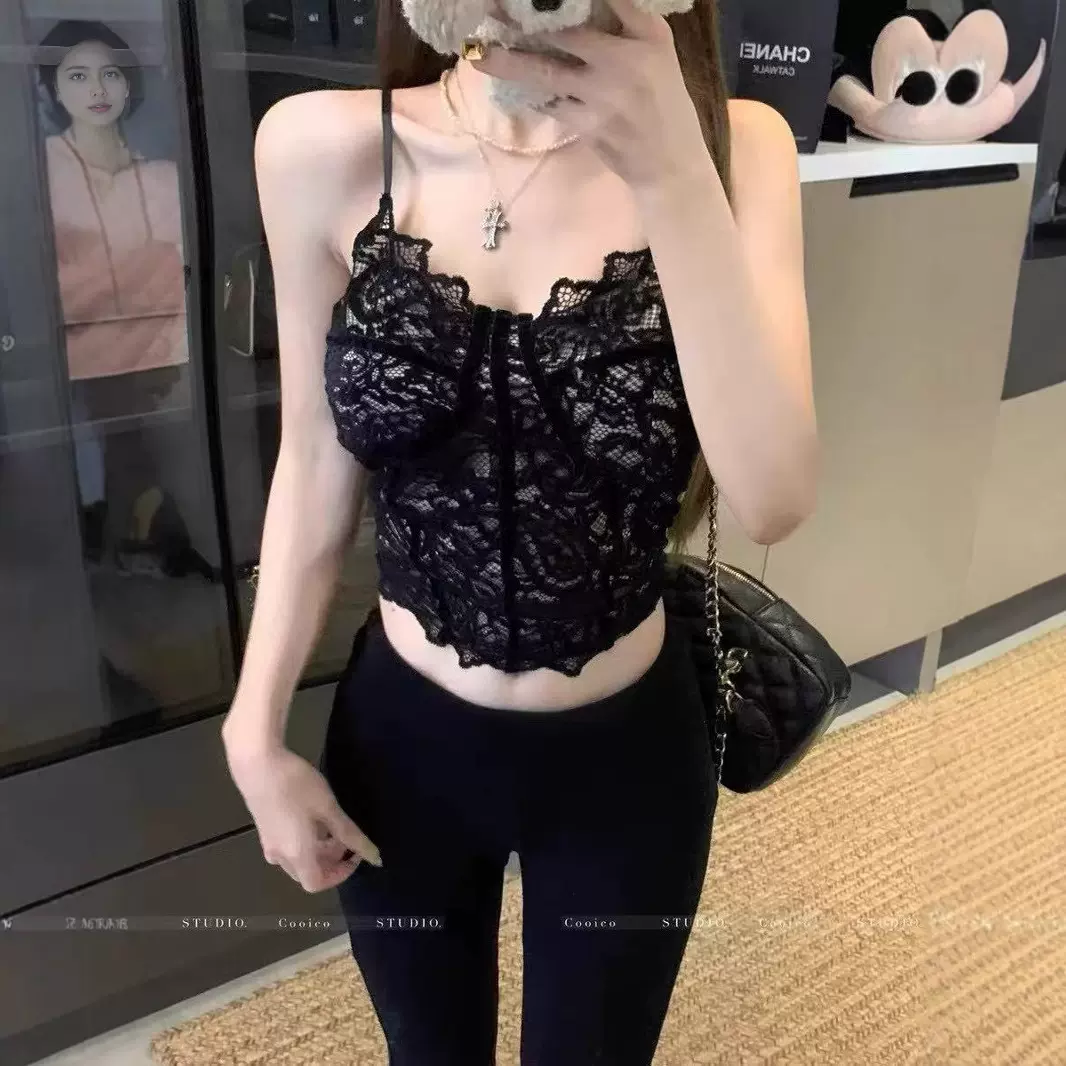 鱼骨蕾丝小吊带背心女2025性感v领抹胸上衣带胸垫打底内搭显身材