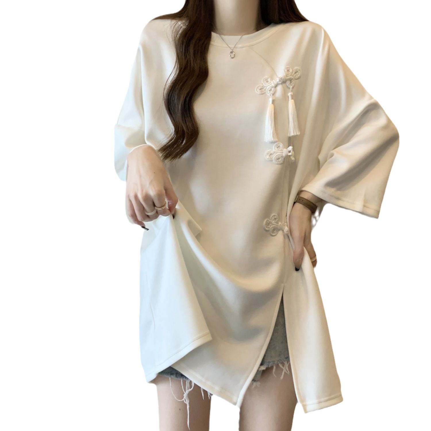 Camiseta de manga corta con hebilla de estilo nacional de la industria pesada para mujeres 2024 verano nuevo estilo suelto y delgado top de talla grande para mujeres ins image 6