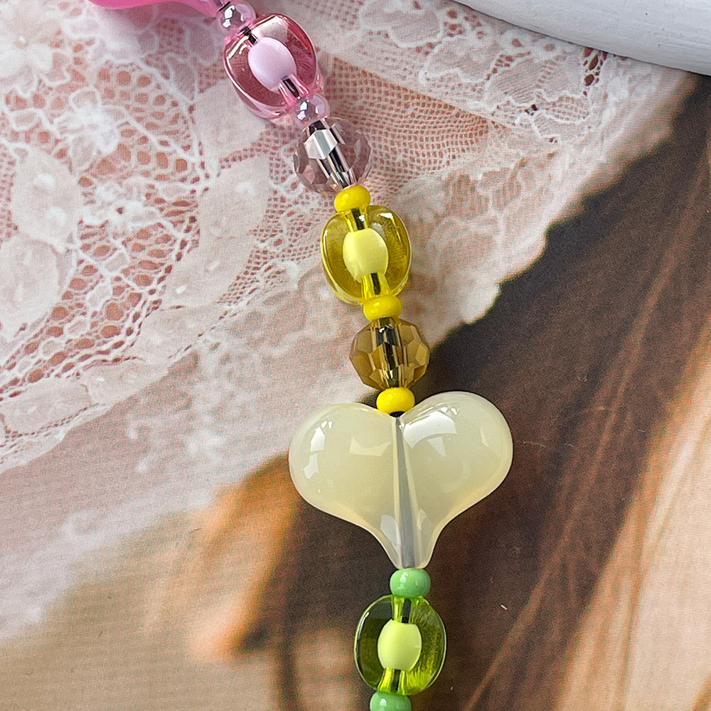 Beaded Design 1 Piece Cute Sweet Heart Shape Acrylic Artificial Crystal Glass Bead Beaded Mobile Phone Lanyard