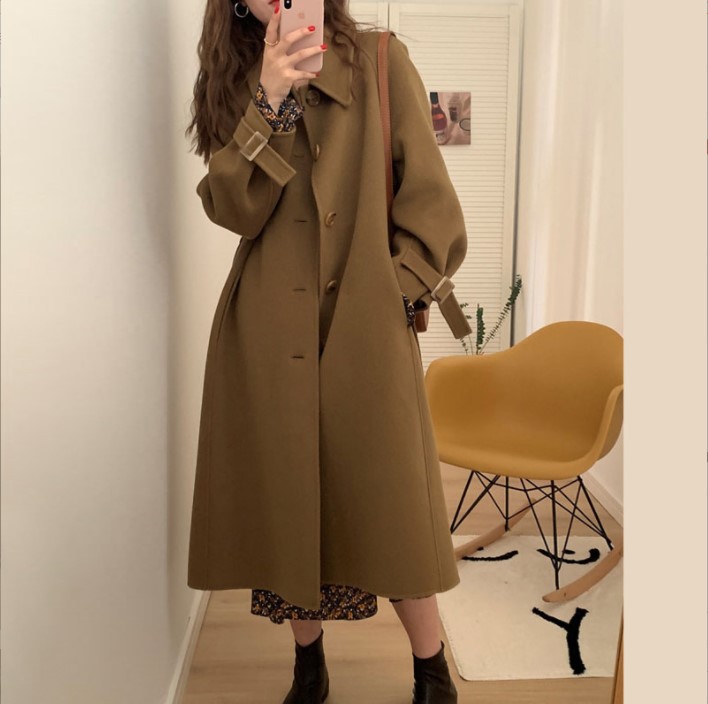 Petite Camel-Colored Double-Sided Wool Coat for Women, 2025 Autumn and Winter, Slim-Fit Hepburn Style Single-Breasted Wool Jacket for Women