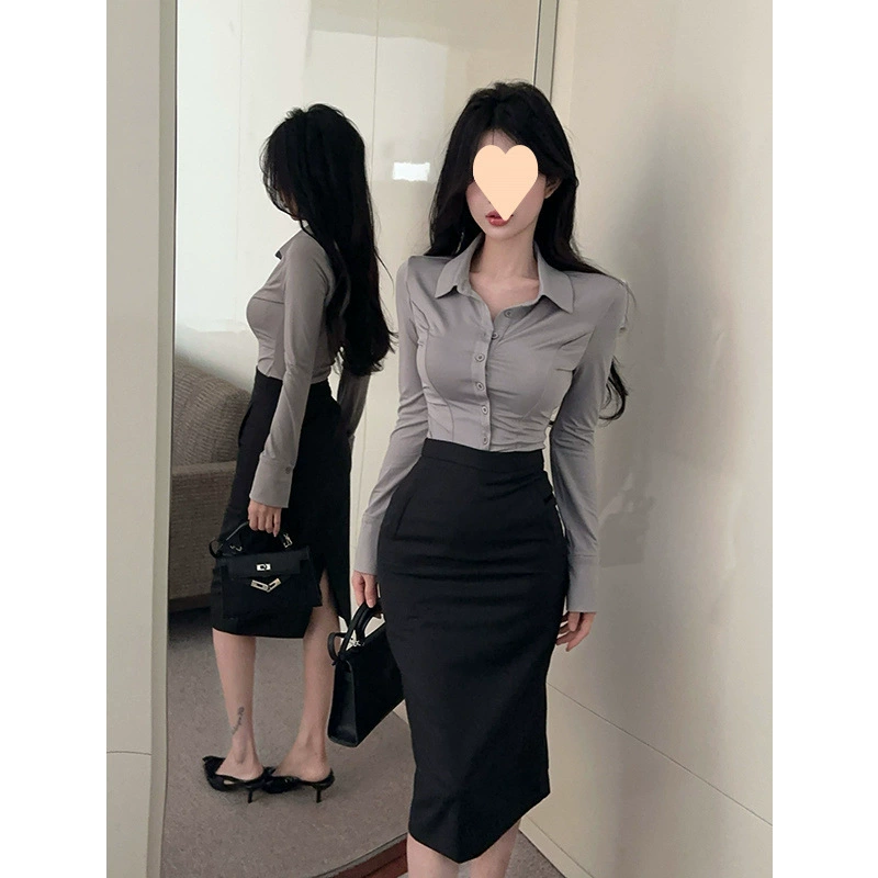 Корейский стиль преппи: весенний костюм для женщин 2025, новый комплект из синей рубашки и черной юбки, два предмета