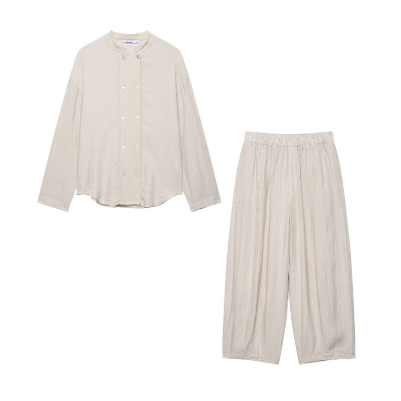 Autumn Long-Sleeved Women's Round Neck Linen Blend Shirt Jacket + Elastic Waist Draped Straight Pants Cross-Border Simple Style