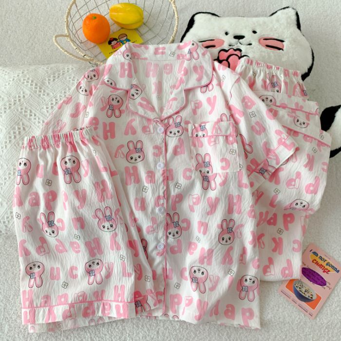 Cross-border tiro real nube de verano solapa de algodón cárdigan de tres piezas pantalones cortos de manga corta pantalones pijamas ropa de casa de dibujos animados para mujer