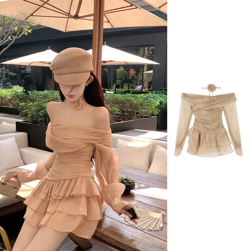 Craftsman French Pure Desire One-Shoulder Dress for Women 2025 Spring & Fall New Sexy Waist Design Cake Skirt