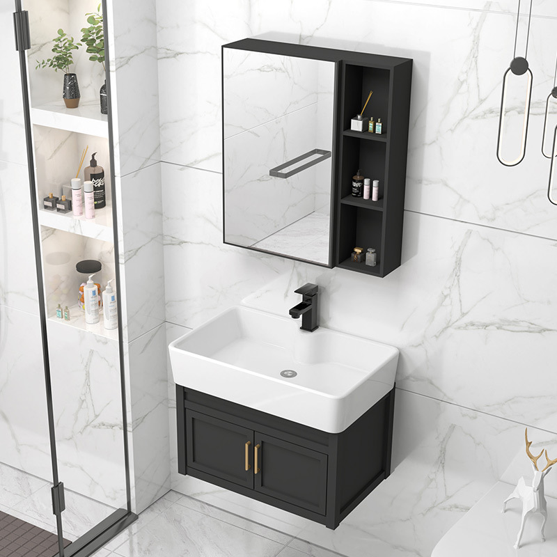Gabinete de baño de aluminio espacial grueso pequeño tipo de hogar lavabo gabinete combinación lavabo tipo pared cerámica lavabo integral