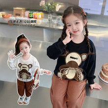 女童韓系秋季新款套裝中小童兒童卡通熊貼鑽針織衫束腳褲兩件套潮