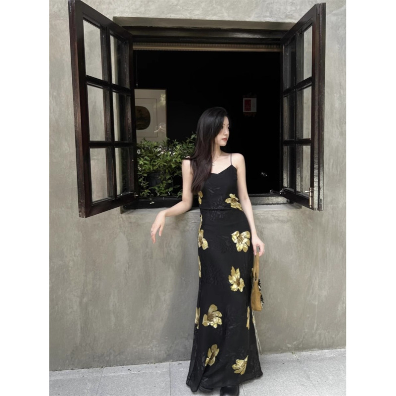 Chiffon + Lining Elegant Floral Skirt Suspender Dress Chiffon Skirt Waist Slimming Look Elegant Long Long Skirt Women Summer