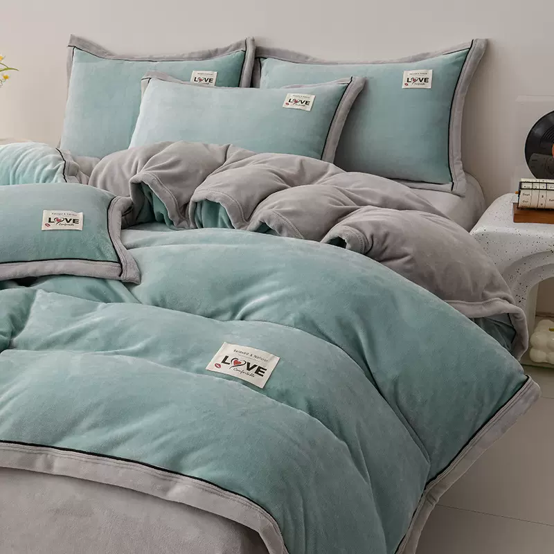 冬季牛奶绒四件套双面绒双拼工艺款被套床单珊瑚绒不掉毛防静电