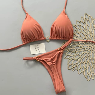 2026夏季新款纯色比基尼挂脖系绳性感露背分体度假泳衣bikini现货