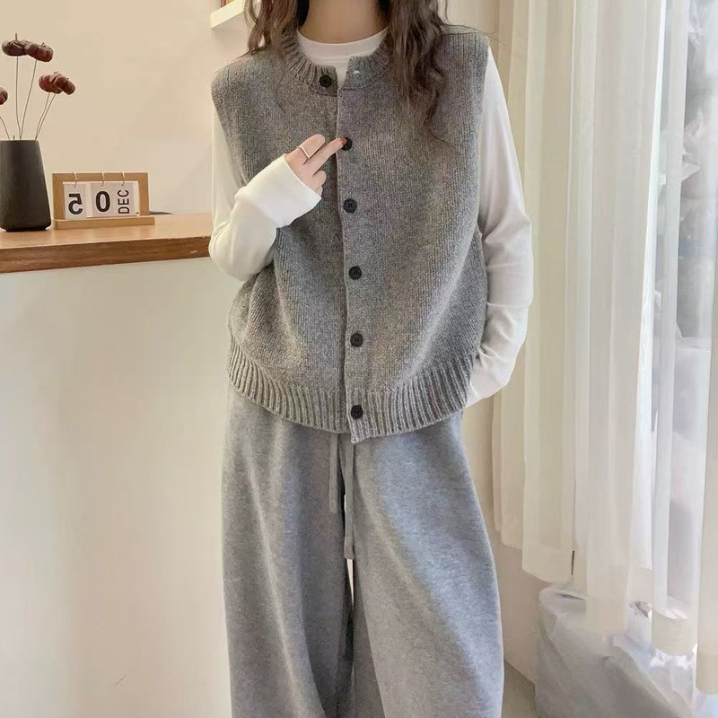 女式100纯羊毛针织无袖马甲开衫圆领套头坎肩经典纯色简约短背心|undefined