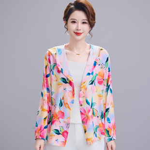 Middle-Aged and Elderly Mothers' Summer Cotton Silk Sun Protection Tops Women's Thin Long-Sleeved Cardigans Cool Artificial Cotton Shirt Jackets