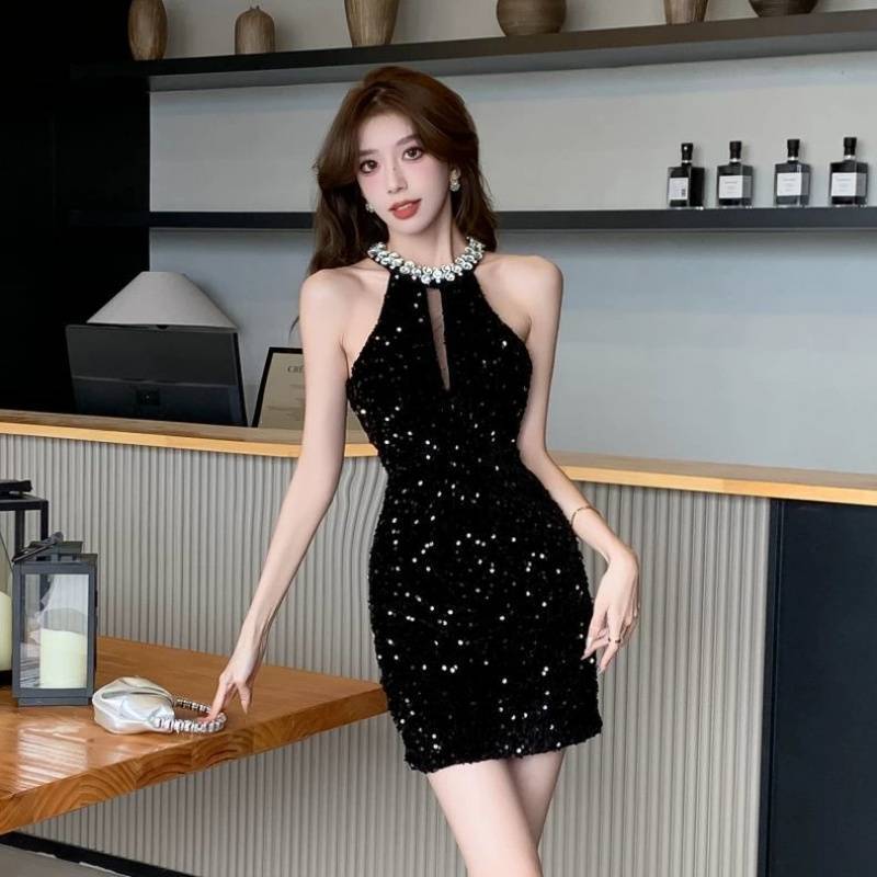 French-style Hepburn-style Black Sequin Diamond Neck dress Women's High-end Hip-wrap Birthday Party Dress