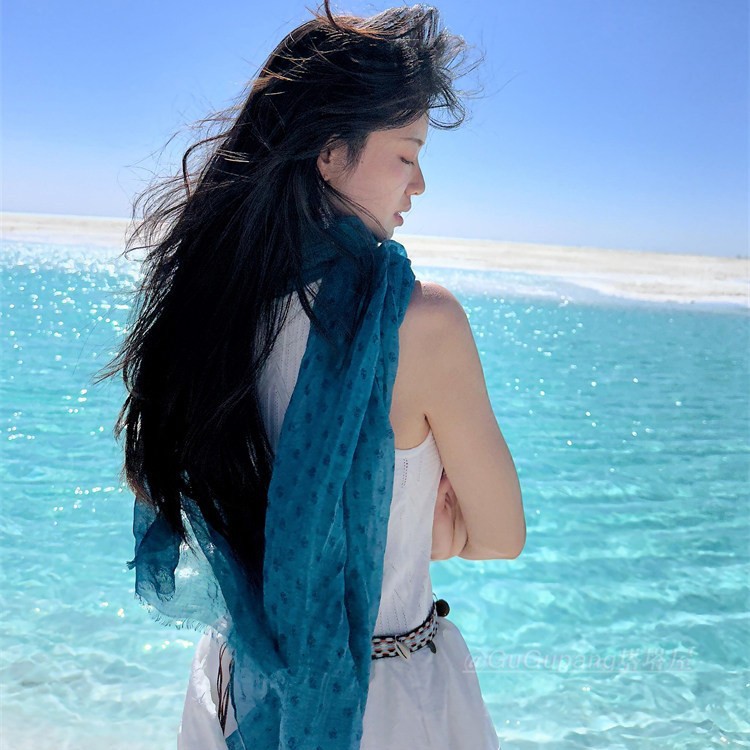 Bufanda de seda azul lago fina Xinjiang Xizang Noroeste Foto Chal Pañuelo exterior de algodón y lino para mujer Bufanda_voghion.com