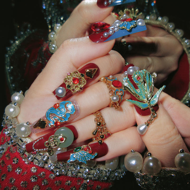 Luxurious Wedding Nails, Ready-To-Wear Nails, New Year's Outfit, Chinese-Style Wedding Fake Nails, Chinese-Style Festive Manicure E7