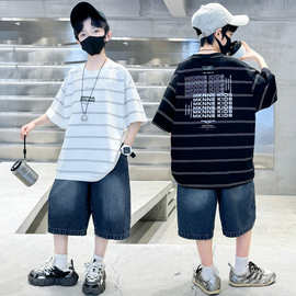 外贸跨境男童夏季条纹套装2026新款洋气夏装酷帅衣服中大童两件套