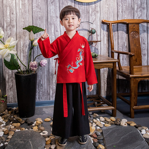 Boys Chinese Hanfu Tang Suit outfit suits long-sleeved boy antique Chinese wind embroidery children school chorus show hanfu